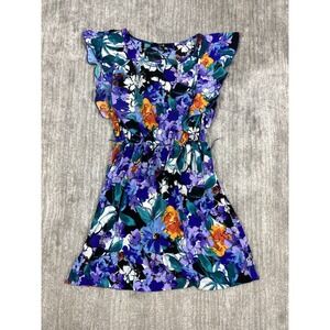 XXI Mini Dress Womens Small Purple Floral Ruffle Sleeve Elastic Waist Fit Flare